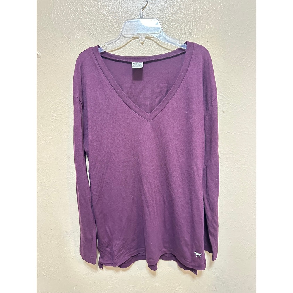 Pink Victoria's Secret Womens XS Purple‎ Long Sleeve V-Neck Rainbow Logo T-Shirt